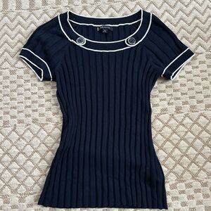 Anne Klein Navy Knit Top with White Accents